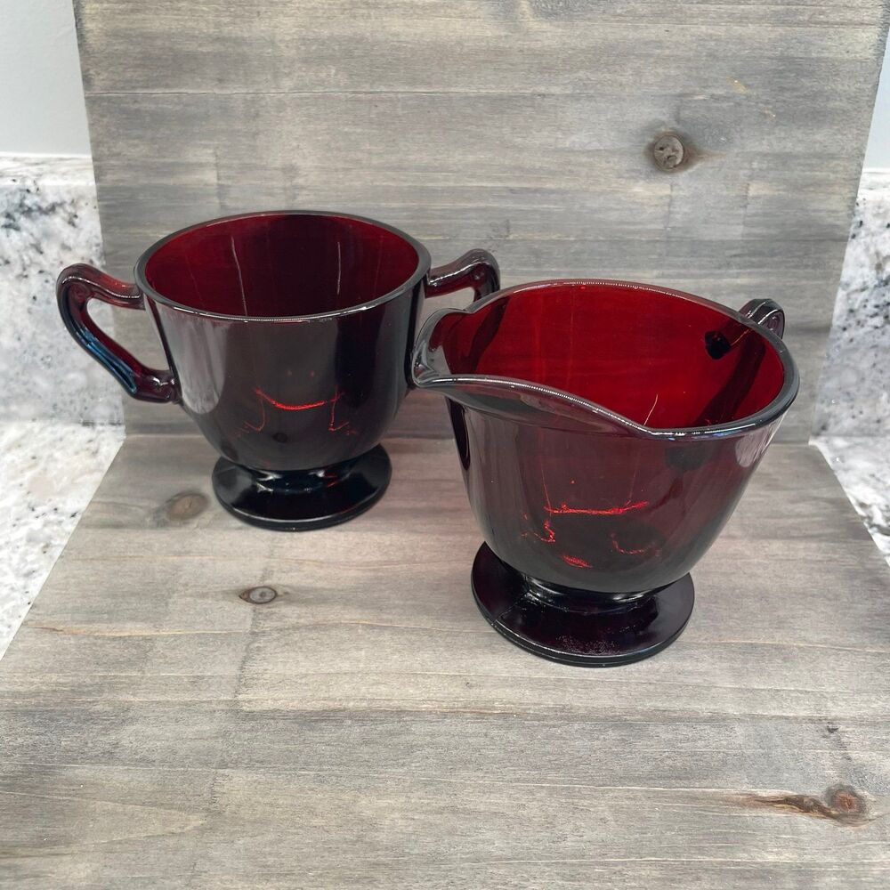 Vintage Royal Ruby Red Anchor Hocking Footed Cream & Sugar Glass Set MCM